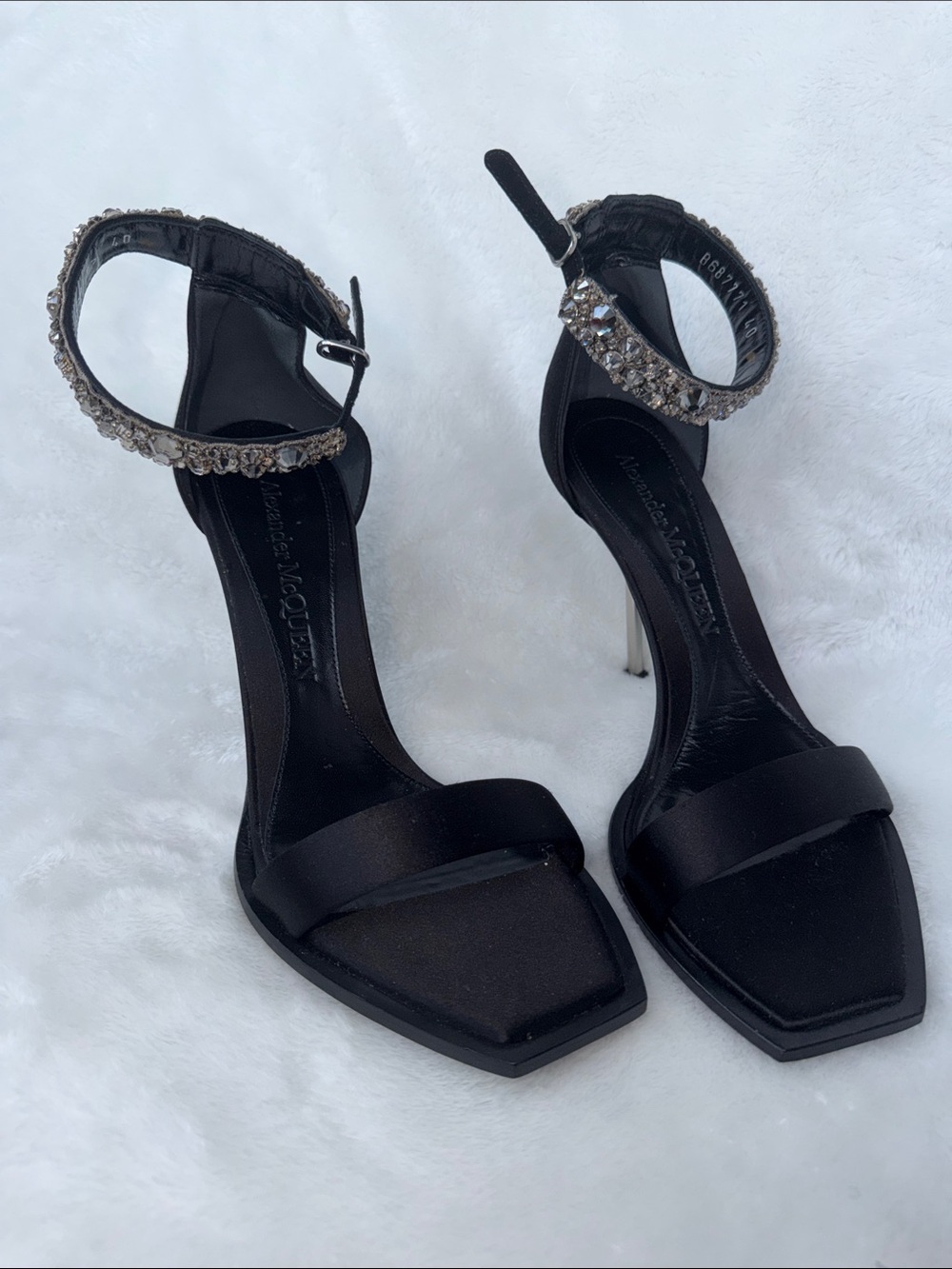 Authentic Alexander McQueen Satin Stiletto Sandals with Crystal Ankle Straps